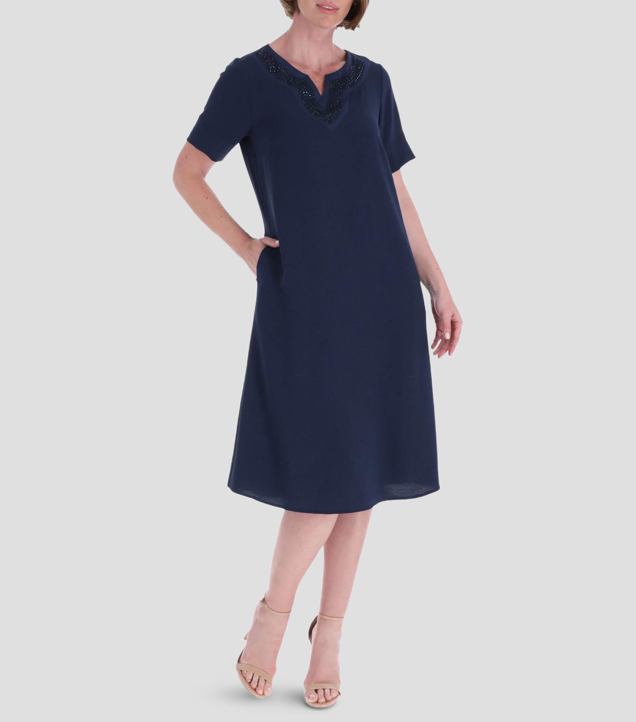Vestido midi manga corta liso Mujer
